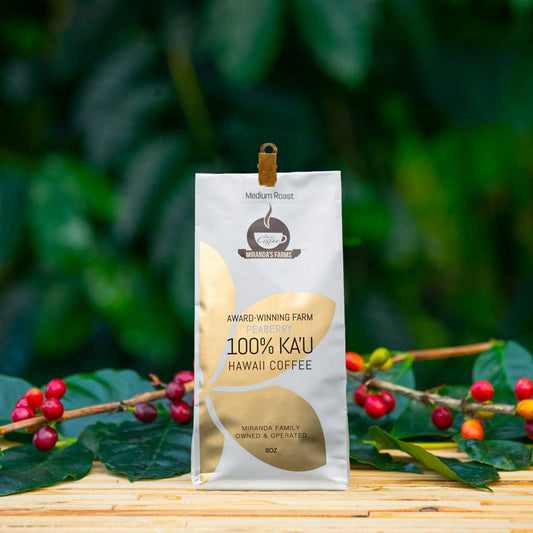 8 oz bag of Miranda's Farms Kaʻū Peaberry coffee, medium roast