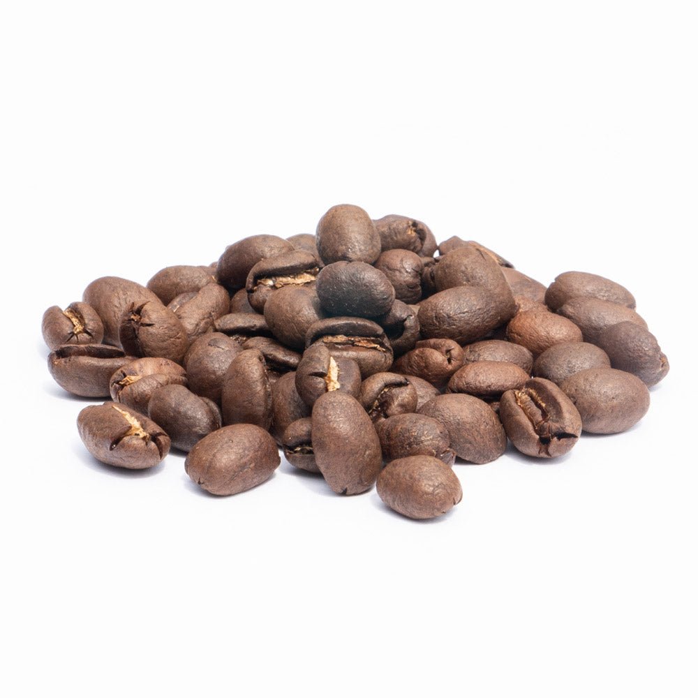 Medium roasted Kaʻū peaberry coffee beans, round single-seed beans