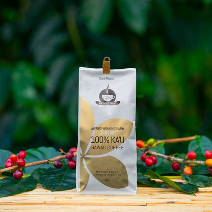 8 oz bag of Miranda's Farms Kaʻū Peaberry coffee, dark roast