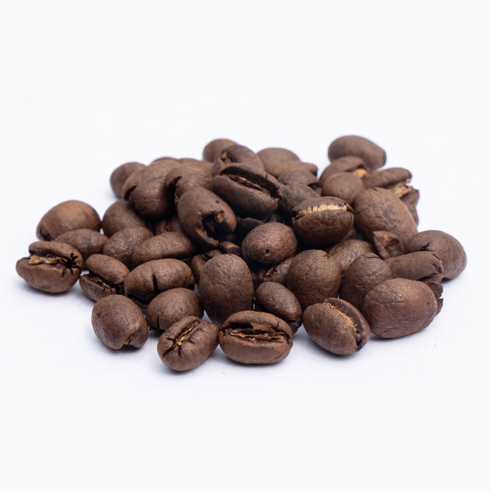 Dark roasted Kaʻū peaberry coffee beans, round single-seed beans