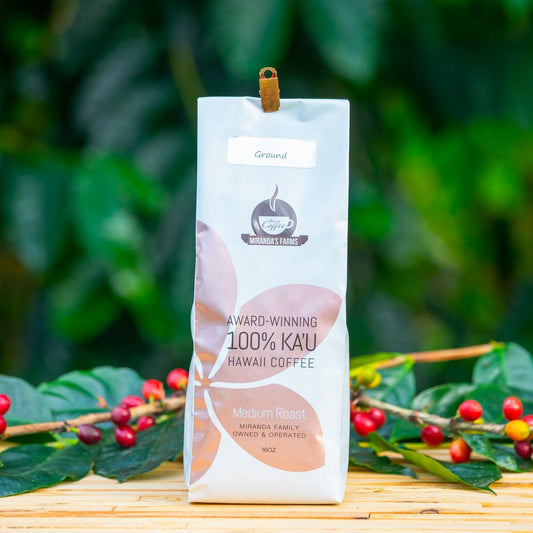 16 oz bag of Miranda's Farms Typica Kaʻū coffee, medium roast, ground