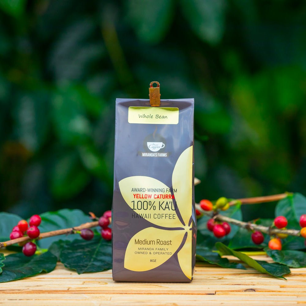 8 oz bag of Miranda's Farms Yellow Caturra Kaʻū coffee, medium roast, whole bean