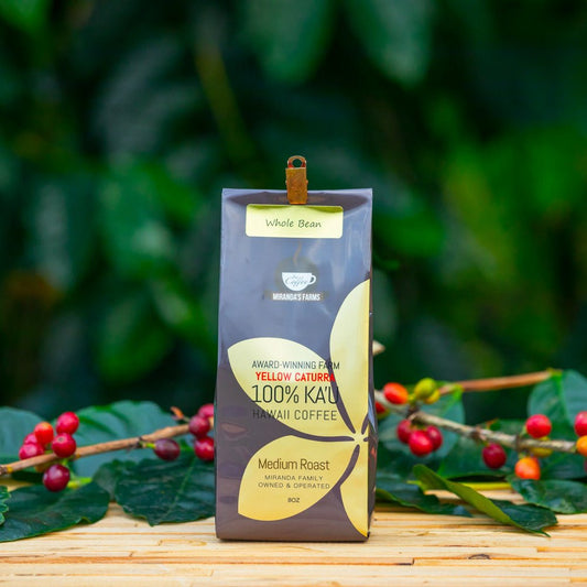 8 oz bag of Miranda's Farms Yellow Caturra Kaʻū coffee, medium roast, whole bean
